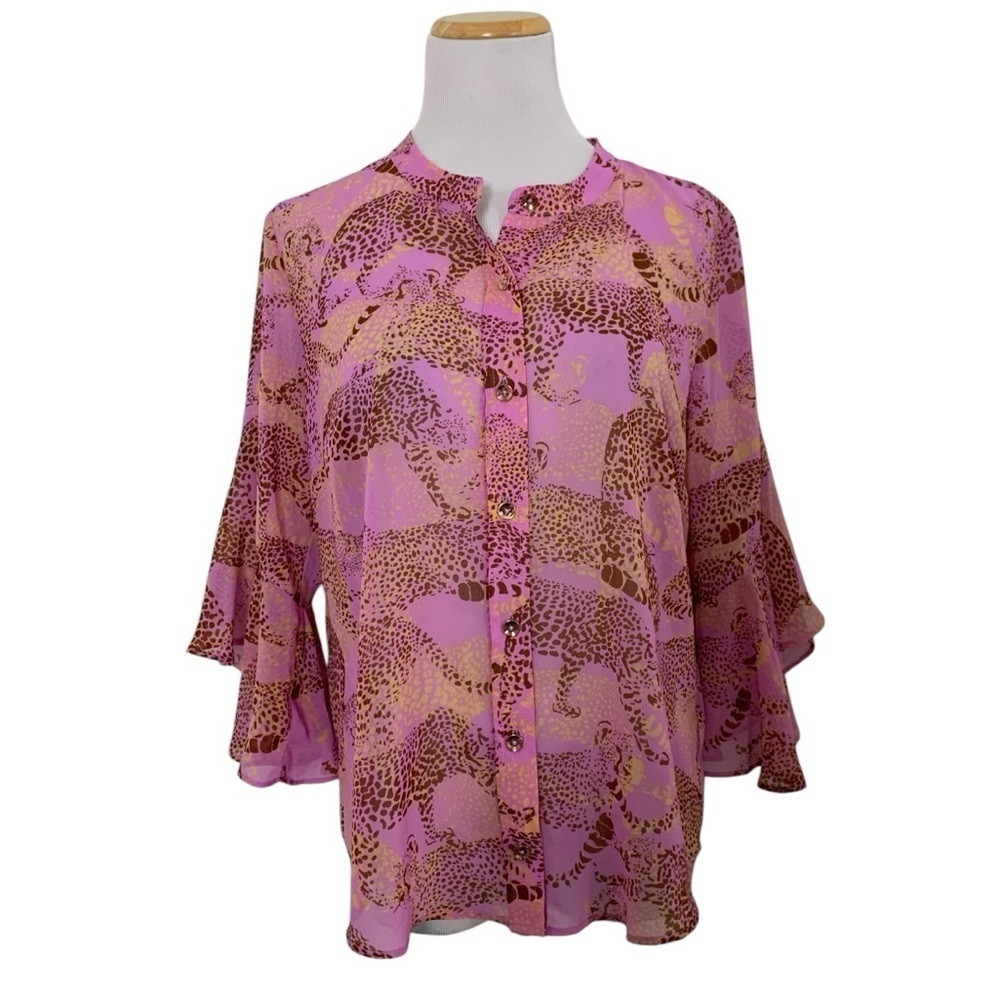 Cabi Minx Cheetah Button Up Blouse Women’s S Pink Bell Flutter Sleeve Animal